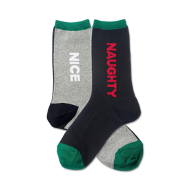christmas gift women's novelty socks, one gray sock with the word "nice" and one black sock with the word "naughty" with green trim.    