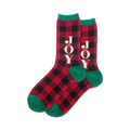 Pair of crew socks in red and black buffalo plaid. Green cuffs. 'JOY' is vertically written on each sock.