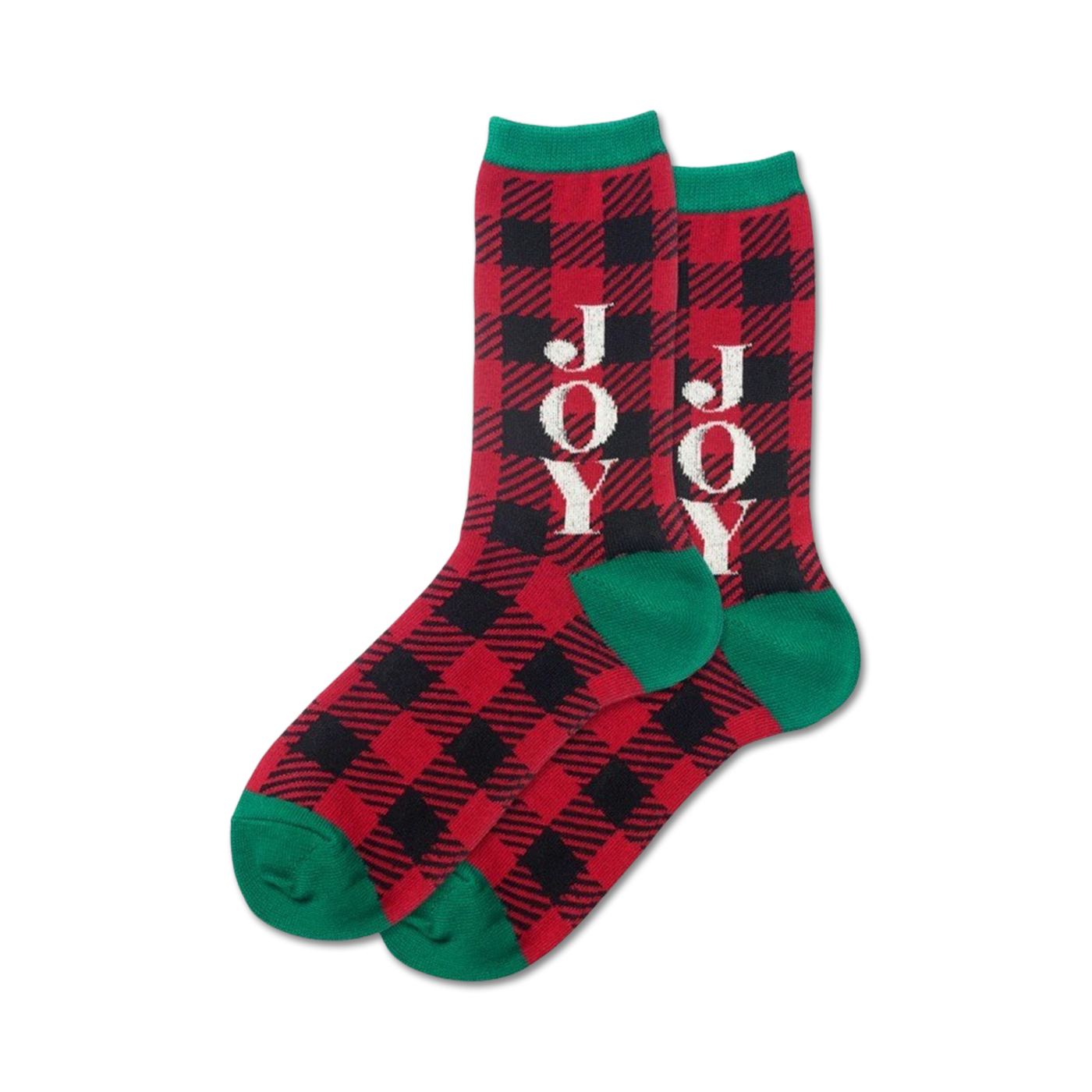 Pair of crew socks in red and black buffalo plaid. Green cuffs. 'JOY' is vertically written on each sock.