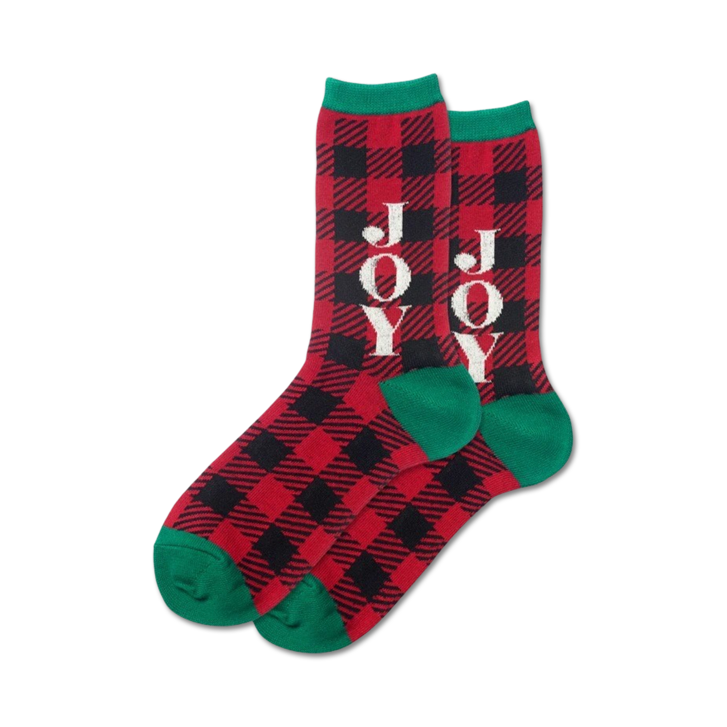 Pair of crew socks in red and black buffalo plaid. Green cuffs. 'JOY' is vertically written on each sock.