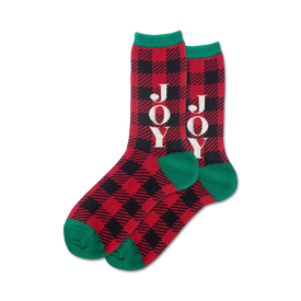 red and black buffalo plaid crew socks for women with "joy" in white, green toes/heels.  
