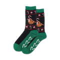 Pair of Christmas sloth non-skid slipper socks. Green and black crew socks with candy cane and sloth design. Non-skid bottoms.