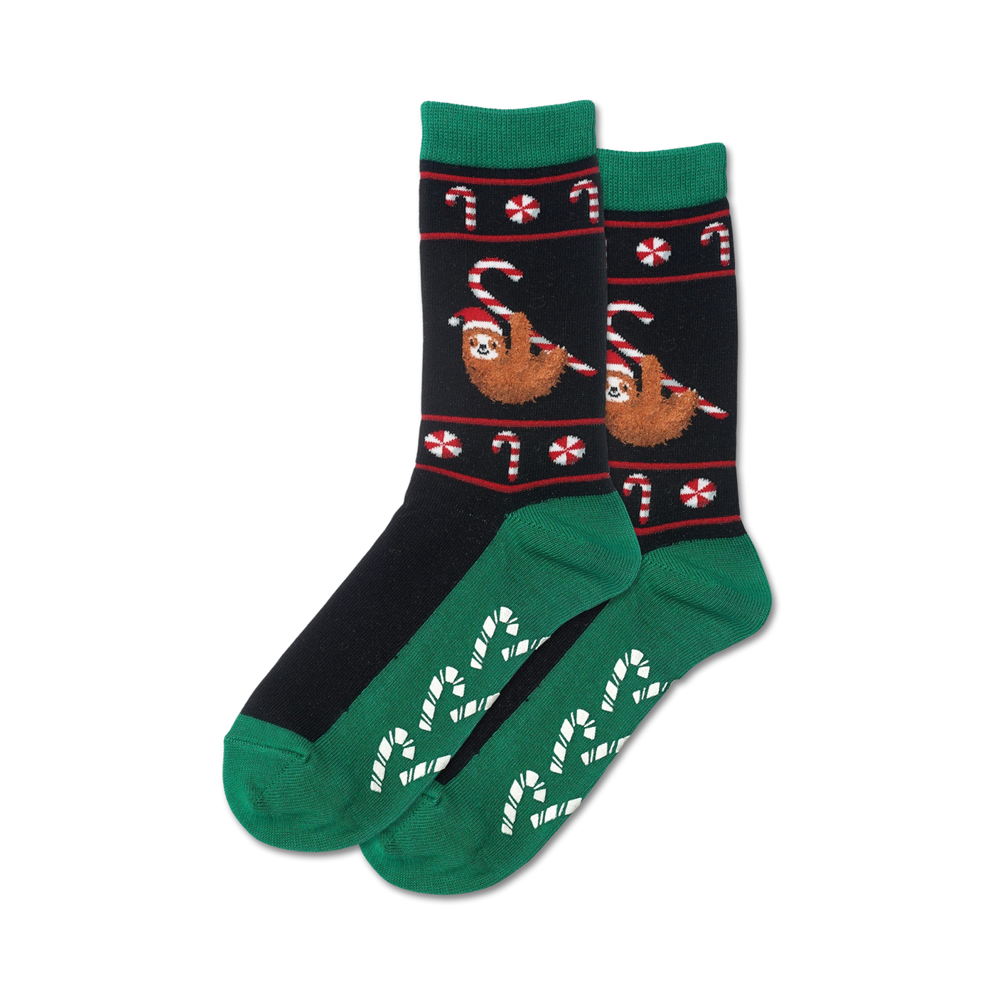 Pair of Christmas sloth non-skid slipper socks. Green and black crew socks with candy cane and sloth design. Non-skid bottoms.