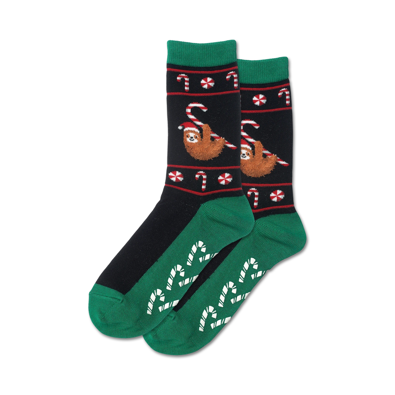 Pair of Christmas sloth non-skid slipper socks. Green and black crew socks with candy cane and sloth design. Non-skid bottoms.