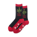 Pair of red and black crew socks. Features a marijuana Christmas tree and 'Merry Juana' text. White marijuana leaf accents on red cuff.