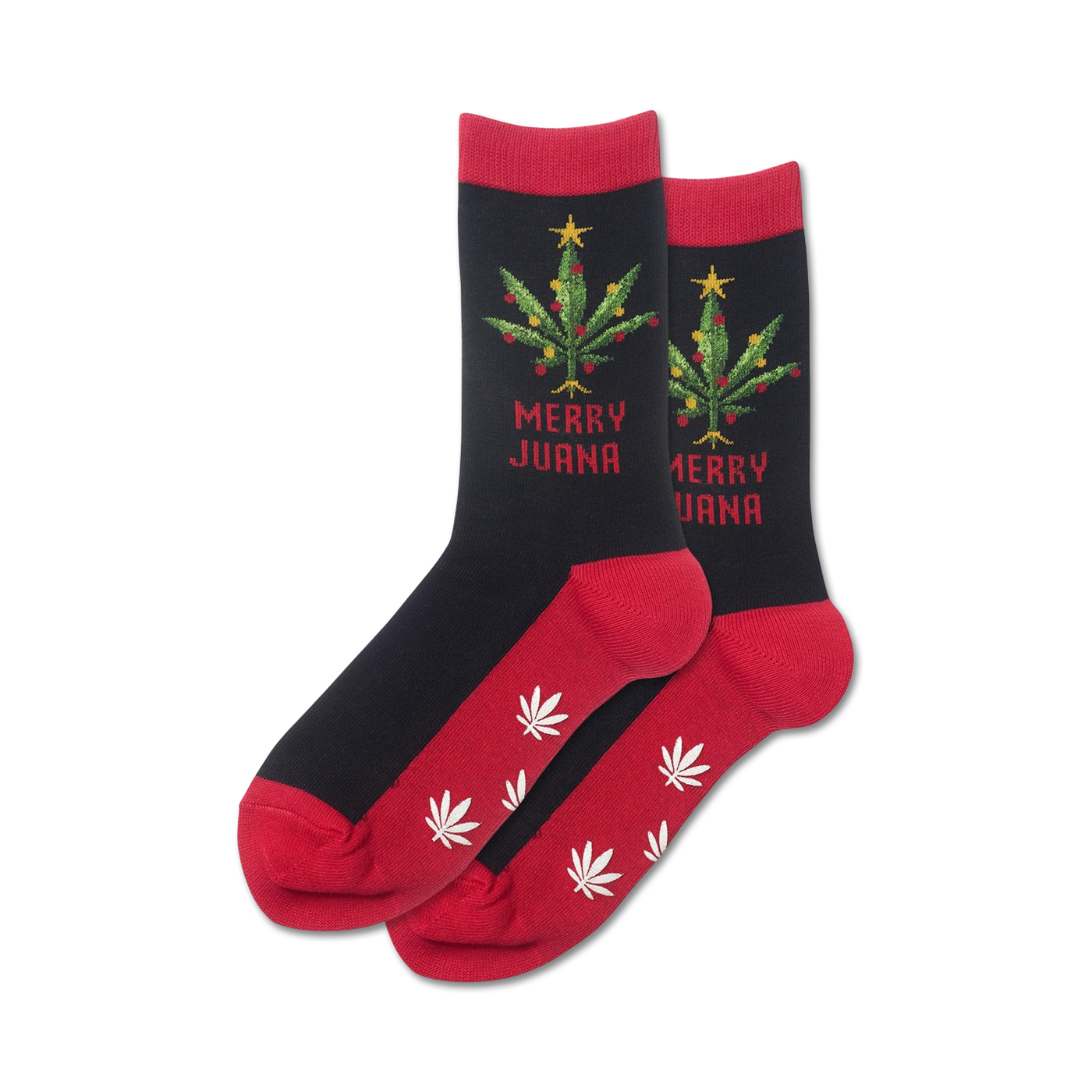 Pair of red and black crew socks. Features a marijuana Christmas tree and 'Merry Juana' text. White marijuana leaf accents on red cuff.