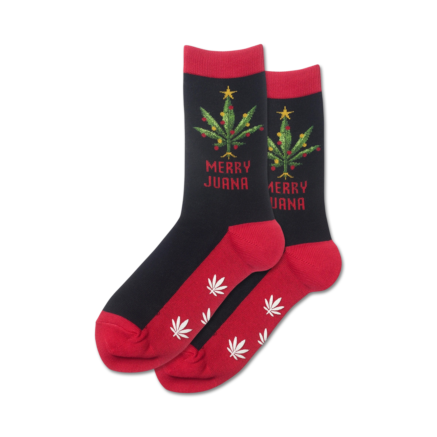 Pair of red and black crew socks. Features a marijuana Christmas tree and 'Merry Juana' text. White marijuana leaf accents on red cuff.
