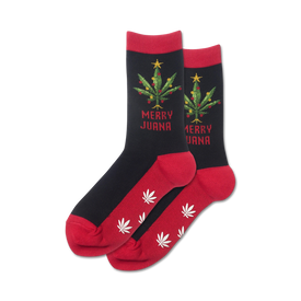 black and red crew socks with marijuana leaf, star, non-skid material, "merryjuana" stitching, christmas theme, women's   