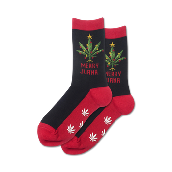 black and red crew socks with marijuana leaf, star, non-skid material, "merryjuana" stitching, christmas theme, women's   