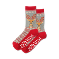 Pair of grey and red fuzzy reindeer slipper socks with non-skid bottoms. Reindeer design includes Christmas lights.