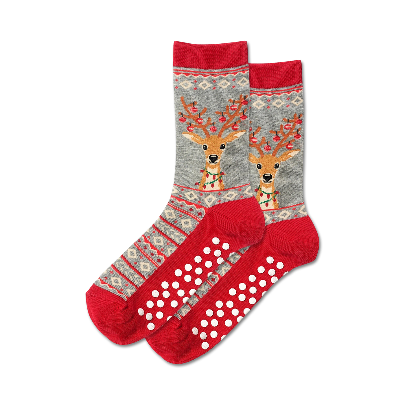 Pair of grey and red fuzzy reindeer slipper socks with non-skid bottoms. Reindeer design includes Christmas lights.