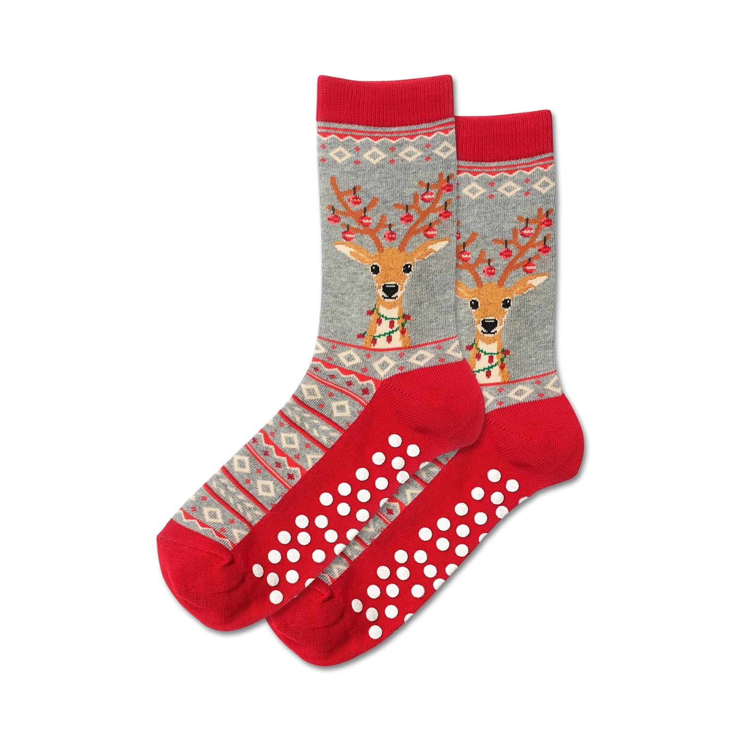 Pair of grey and red fuzzy reindeer slipper socks with non-skid bottoms. Reindeer design includes Christmas lights.