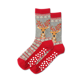 fuzzy reindeer non-skid slipper christmas themed womens grey novelty crew socks
