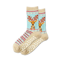 Close-up of a pair of beige and teal fuzzy reindeer slipper socks with non-skid bottoms.