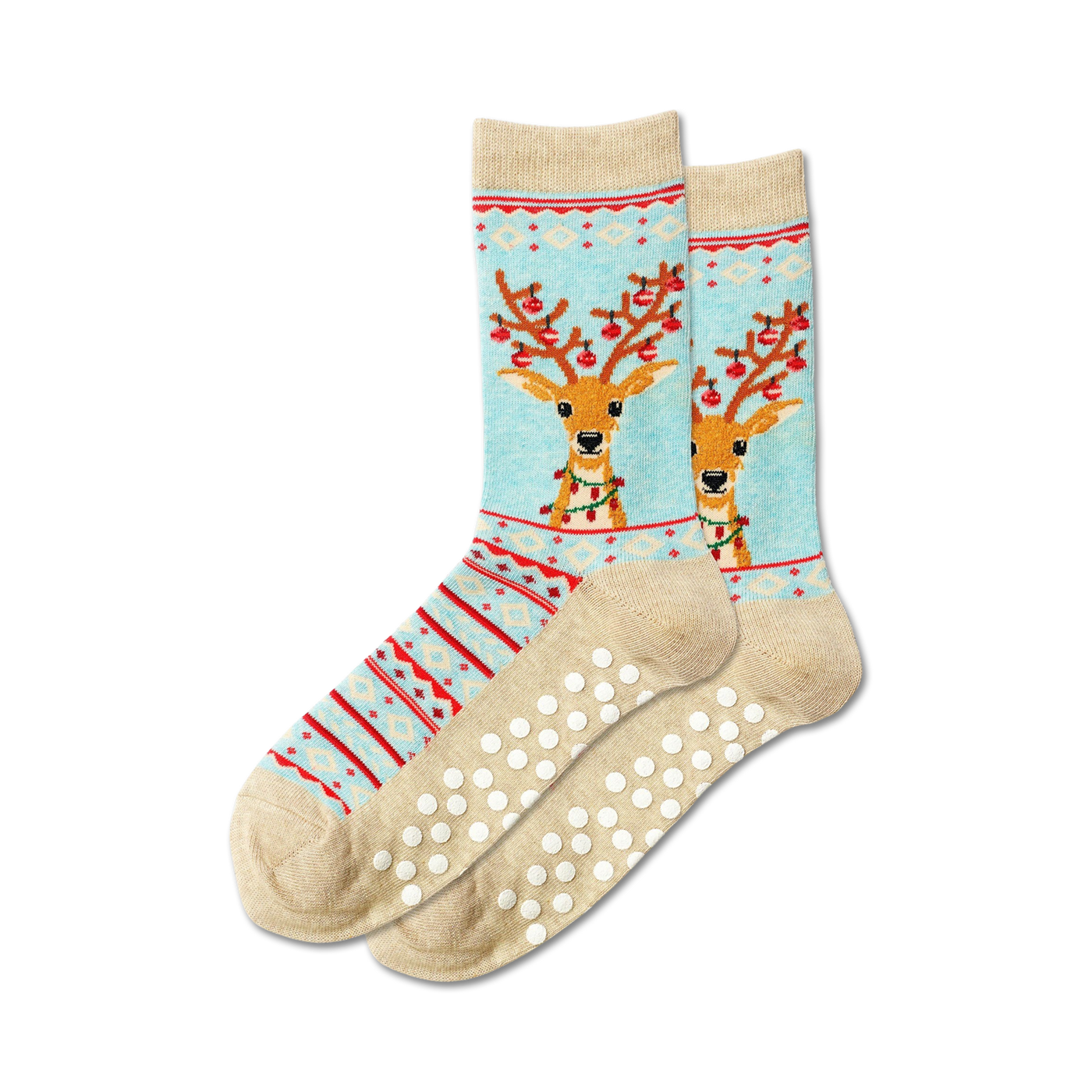 Close-up of a pair of beige and teal fuzzy reindeer slipper socks with non-skid bottoms.
