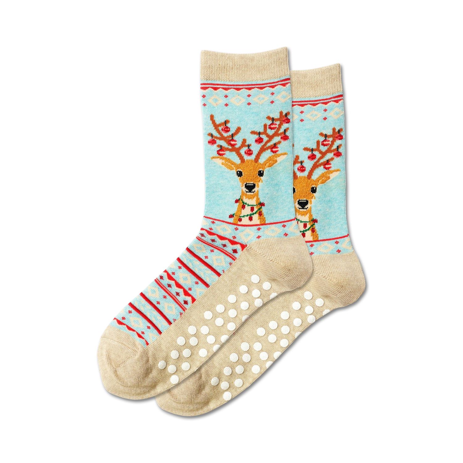 Close-up of a pair of beige and teal fuzzy reindeer slipper socks with non-skid bottoms.