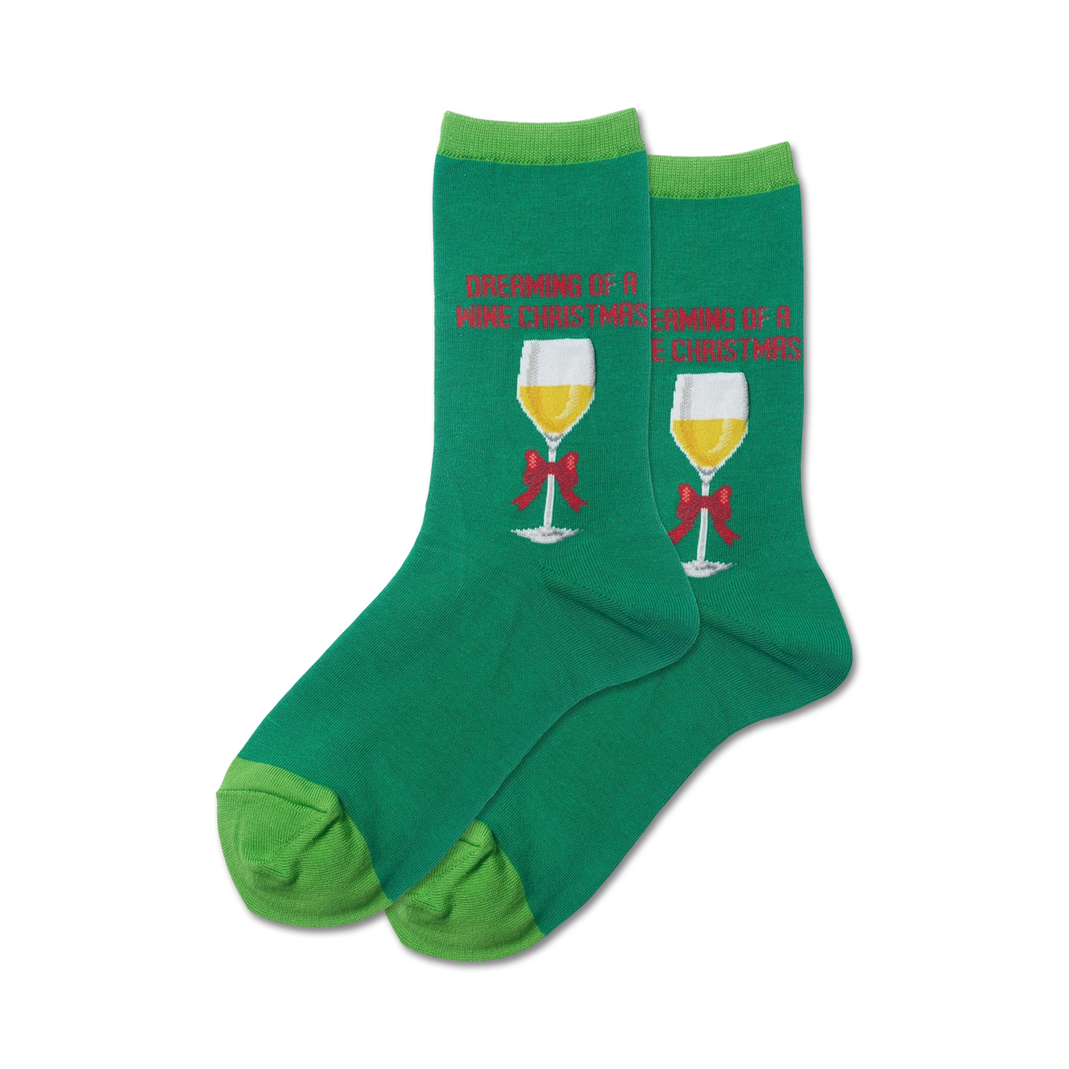 Pair of green crew socks with a whimsical wine glass and 'Dreaming of a Wine Christmas' text. Features a lime green cuff.