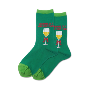 dark green crew socks with wine glasses and red bows. womens. christmas theme.   