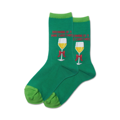 dark green crew socks with wine glasses and red bows. womens. christmas theme.   