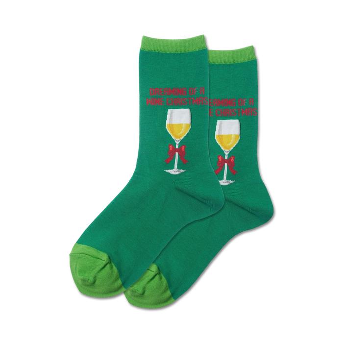 dark green crew socks with wine glasses and red bows. womens. christmas theme.   
