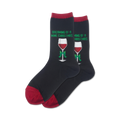 Close-up of a pair of dark-colored crew socks with a red wine glass design and the text 'Dreaming of a Wine Christmas'.  Features a burgundy cuff.