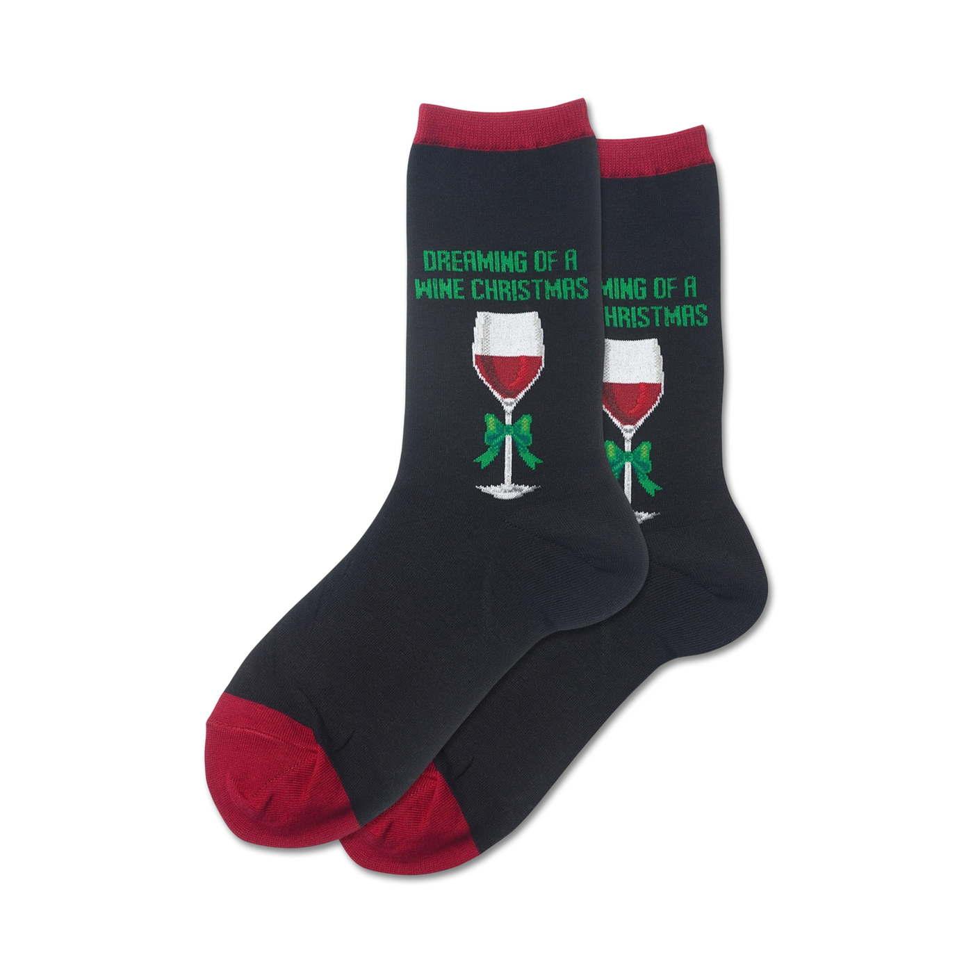 Close-up of a pair of dark-colored crew socks with a red wine glass design and the text 'Dreaming of a Wine Christmas'.  Features a burgundy cuff.