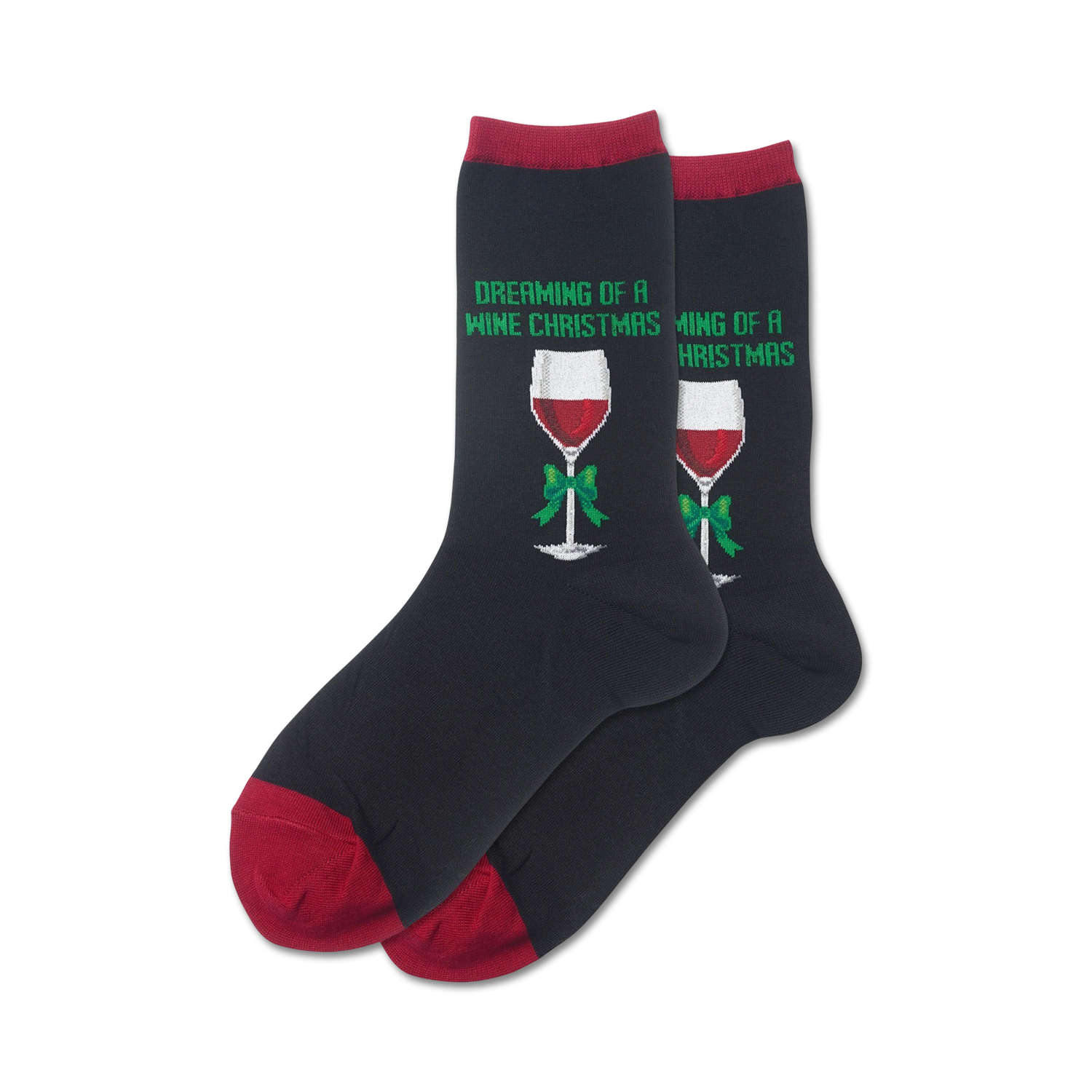 Close-up of a pair of dark-colored crew socks with a red wine glass design and the text 'Dreaming of a Wine Christmas'.  Features a burgundy cuff.