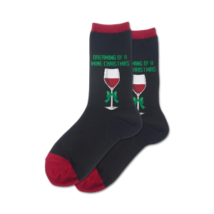 black crew socks with red cuff, green bow-tied wine glass pattern, christmas theme, women's.  