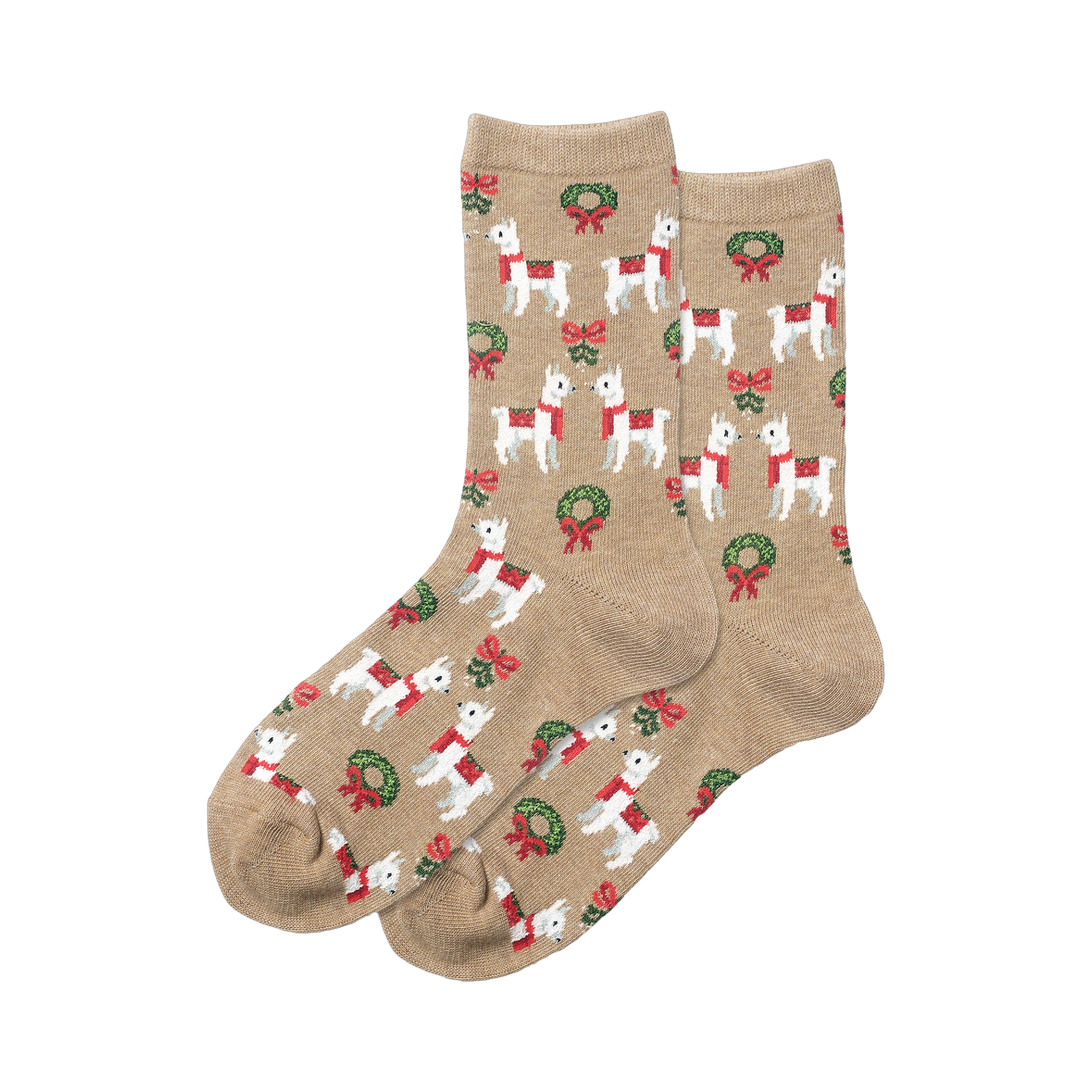 Pair of beige crew socks with a pattern of white llamas wearing red scarves and green wreaths.