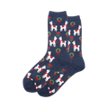 Close-up of navy blue Holiday Llama socks showing the detail of the llama and wreath pattern.