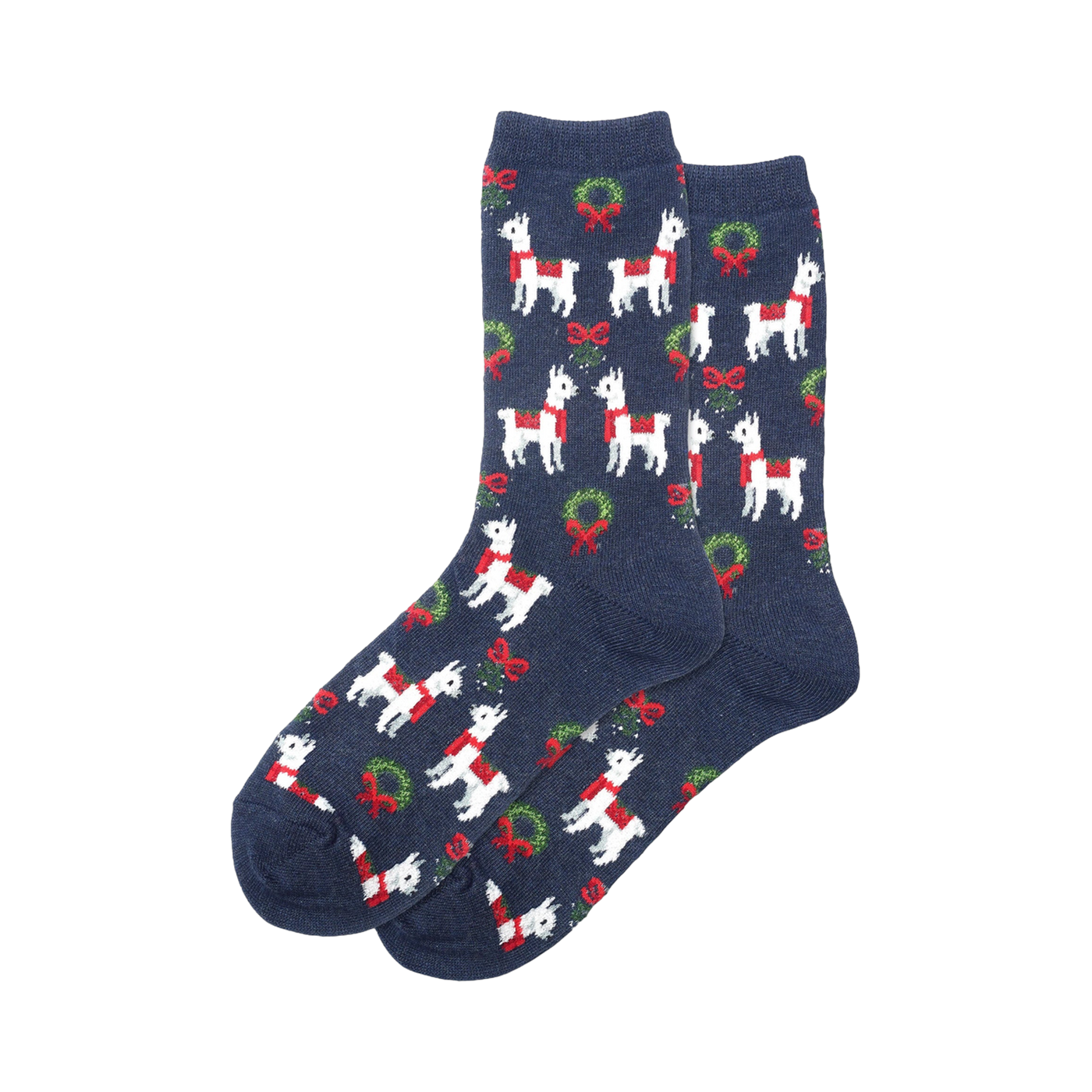 Close-up of navy blue Holiday Llama socks showing the detail of the llama and wreath pattern.