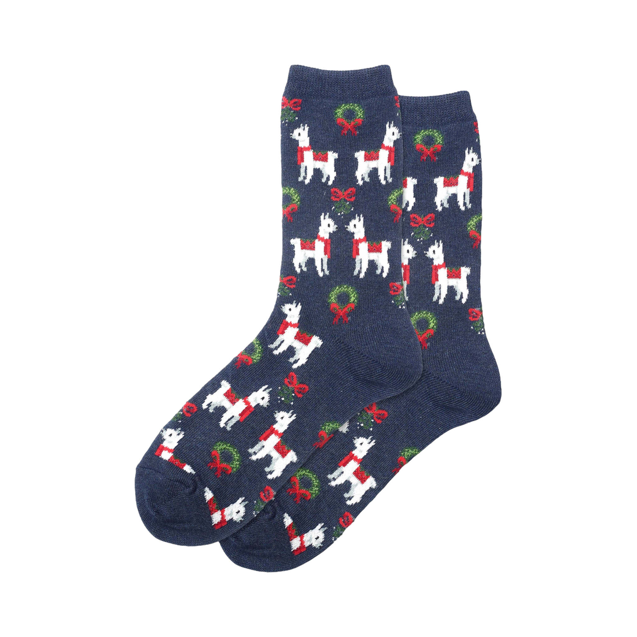 Close-up of navy blue Holiday Llama socks showing the detail of the llama and wreath pattern.