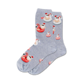Pair of grey crew socks featuring a fun Christmas design.  Santa in sunglasses is on inflatable flamingos and donuts.