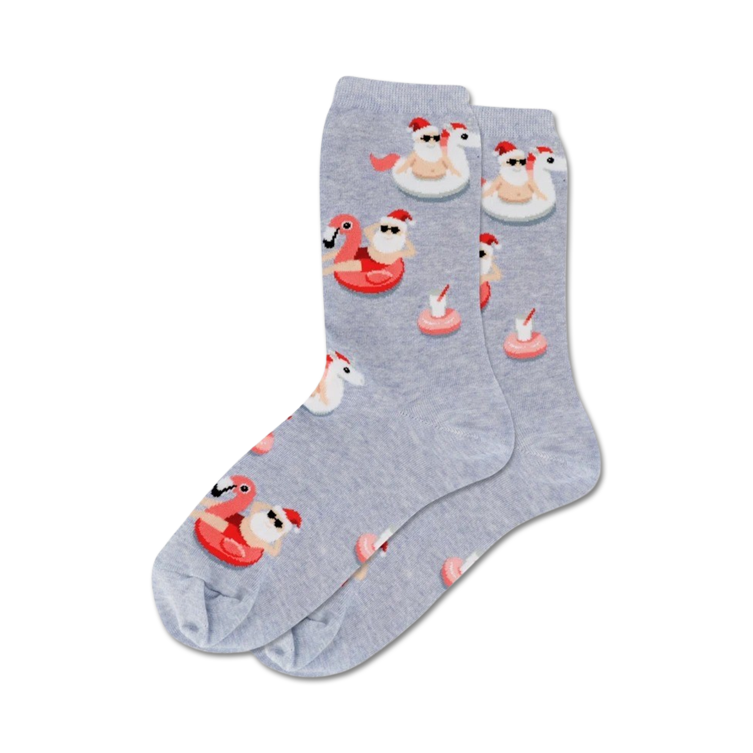 Pair of grey crew socks featuring a fun Christmas design.  Santa in sunglasses is on inflatable flamingos and donuts.