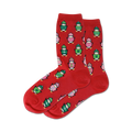 Pair of red crew socks with a pattern of penguins wearing colorful knit sweaters. Green, pink, and white accents.