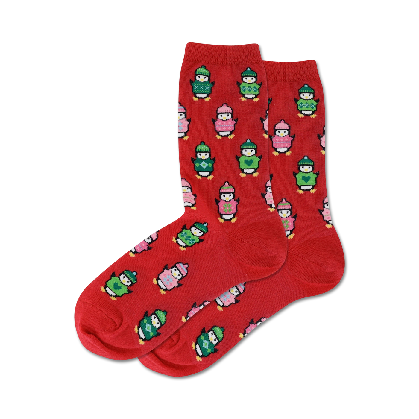 Pair of red crew socks with a pattern of penguins wearing colorful knit sweaters. Green, pink, and white accents.