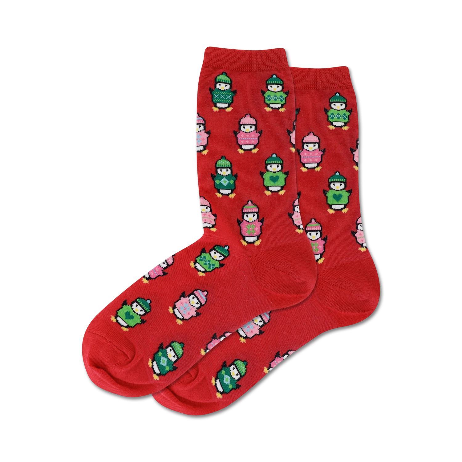 Pair of red crew socks with a pattern of penguins wearing colorful knit sweaters. Green, pink, and white accents.