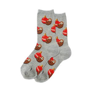 Pair of crew socks, heather gray, featuring a repeating pattern of pixelated sloths hugging red Christmas ornaments.