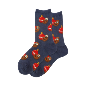 Close-up product shot of a pair of navy blue Holiday Sloth socks, showing the same design as the main image but on a different color sock.