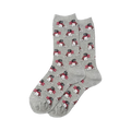 Pair of grey crew socks with a repeating pattern of brown and white dogs wearing red holiday scarves.