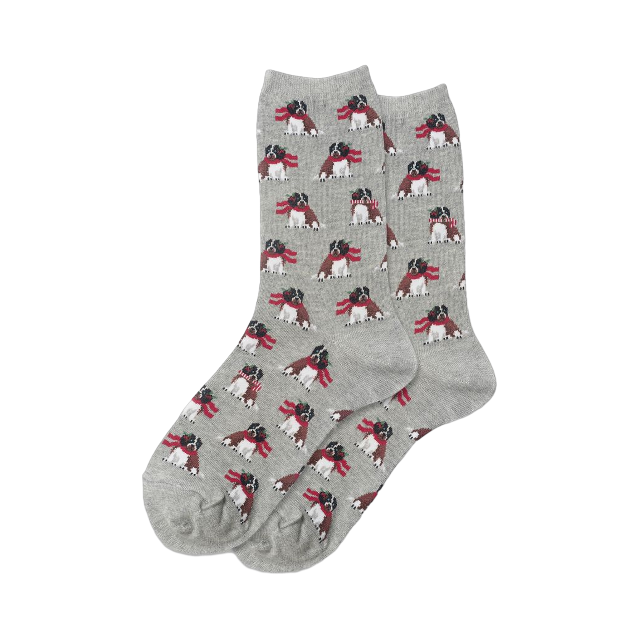 Pair of grey crew socks with a repeating pattern of brown and white dogs wearing red holiday scarves.