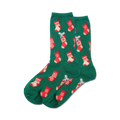 Pair of women's crew socks in green with a pattern of red and white Christmas stockings and grey mice.