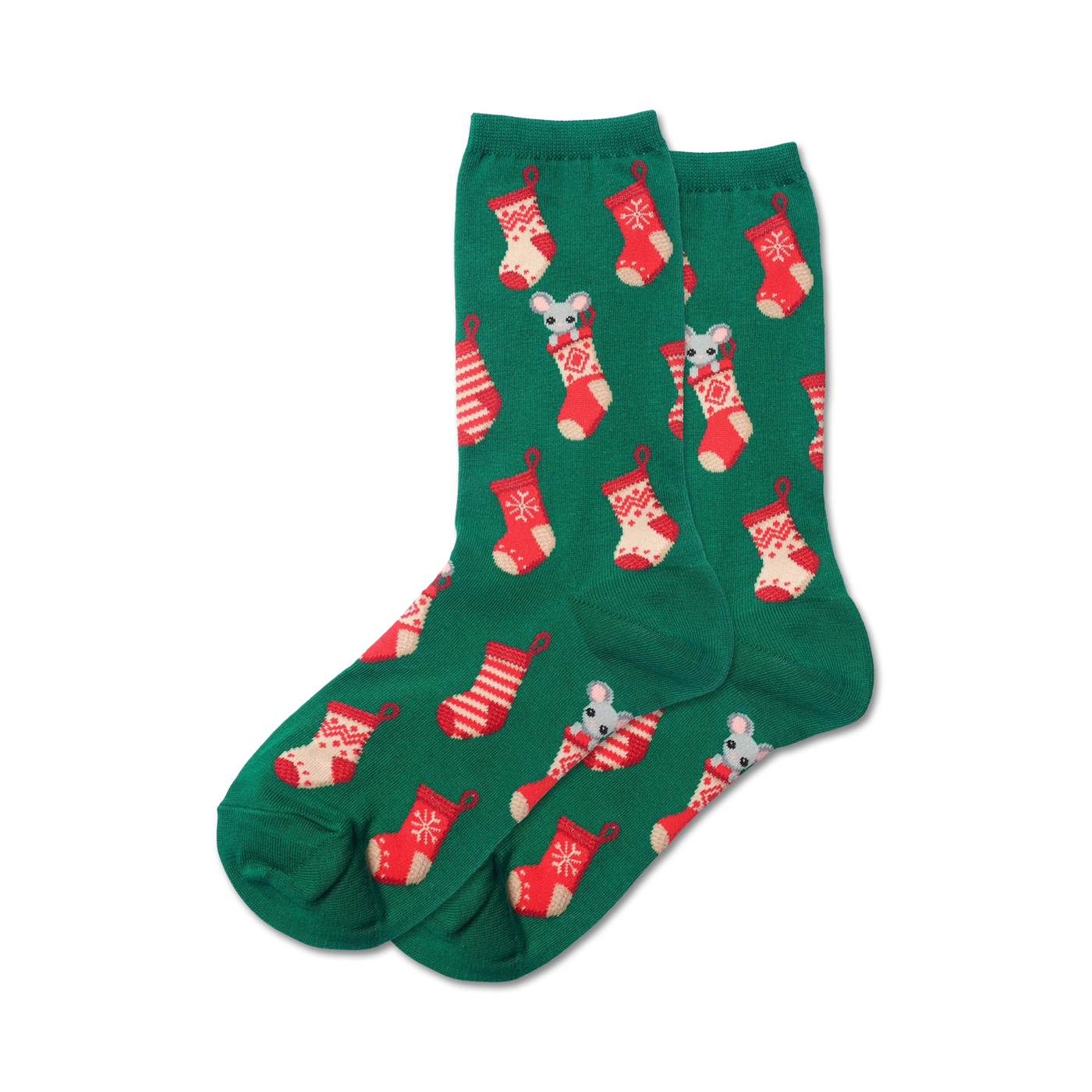 Pair of women's crew socks in green with a pattern of red and white Christmas stockings and grey mice.