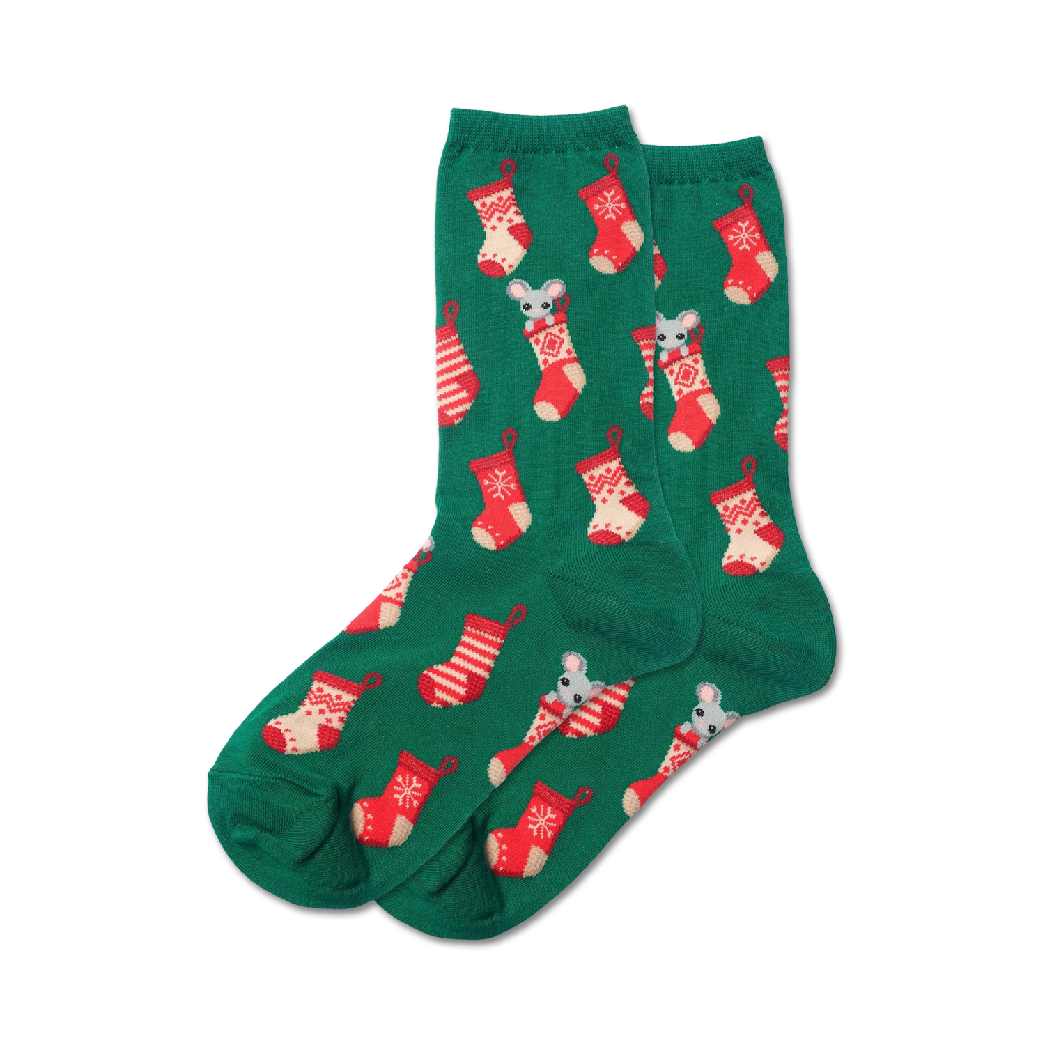 Pair of women's crew socks in green with a pattern of red and white Christmas stockings and grey mice.