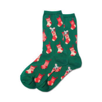  women's crew length christmas stocking mouse socks in dark green with red and white stockings and gray mice.   