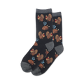 Pair of black crew socks with brown turkeys and roasted turkey legs.  Light blue steam accents add a touch of whimsy.