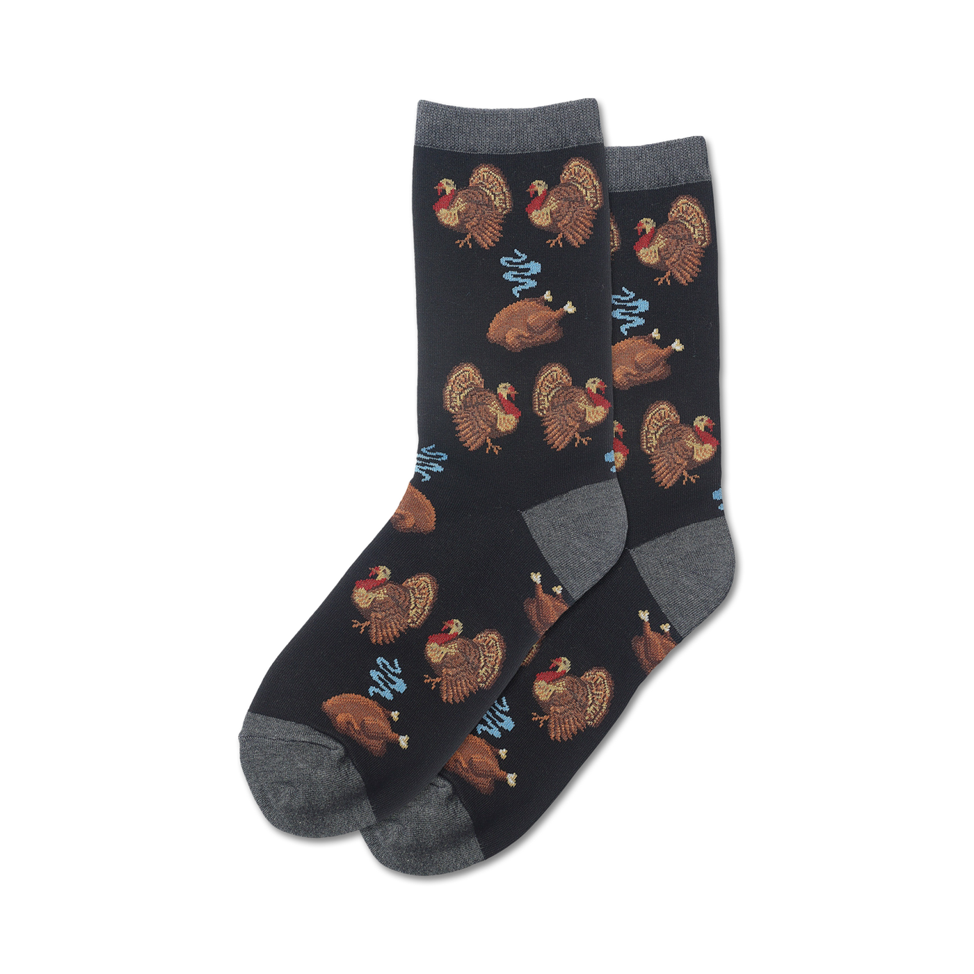 Pair of black crew socks with brown turkeys and roasted turkey legs.  Light blue steam accents add a touch of whimsy.