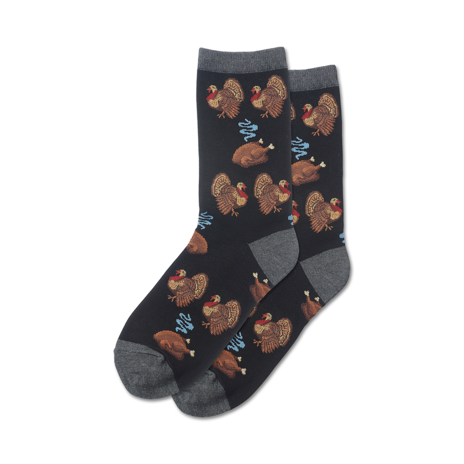 Pair of black crew socks with brown turkeys and roasted turkey legs.  Light blue steam accents add a touch of whimsy.