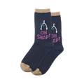 Pair of navy blue crew socks with a tan cuff and toe.  The design features two wishbones and the phrase 'Oh Snap!' in purple.