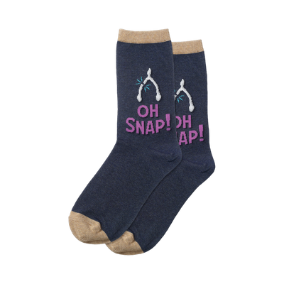 Pair of navy blue crew socks with a tan cuff and toe.  The design features two wishbones and the phrase 'Oh Snap!' in purple.